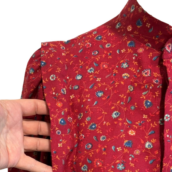 70s PRAIRIE RED FLORAL COTTAGECORE BLOUSE BISHOP SLEEVES & BOX PLEATS HANDMADE - Picture 9 of 11